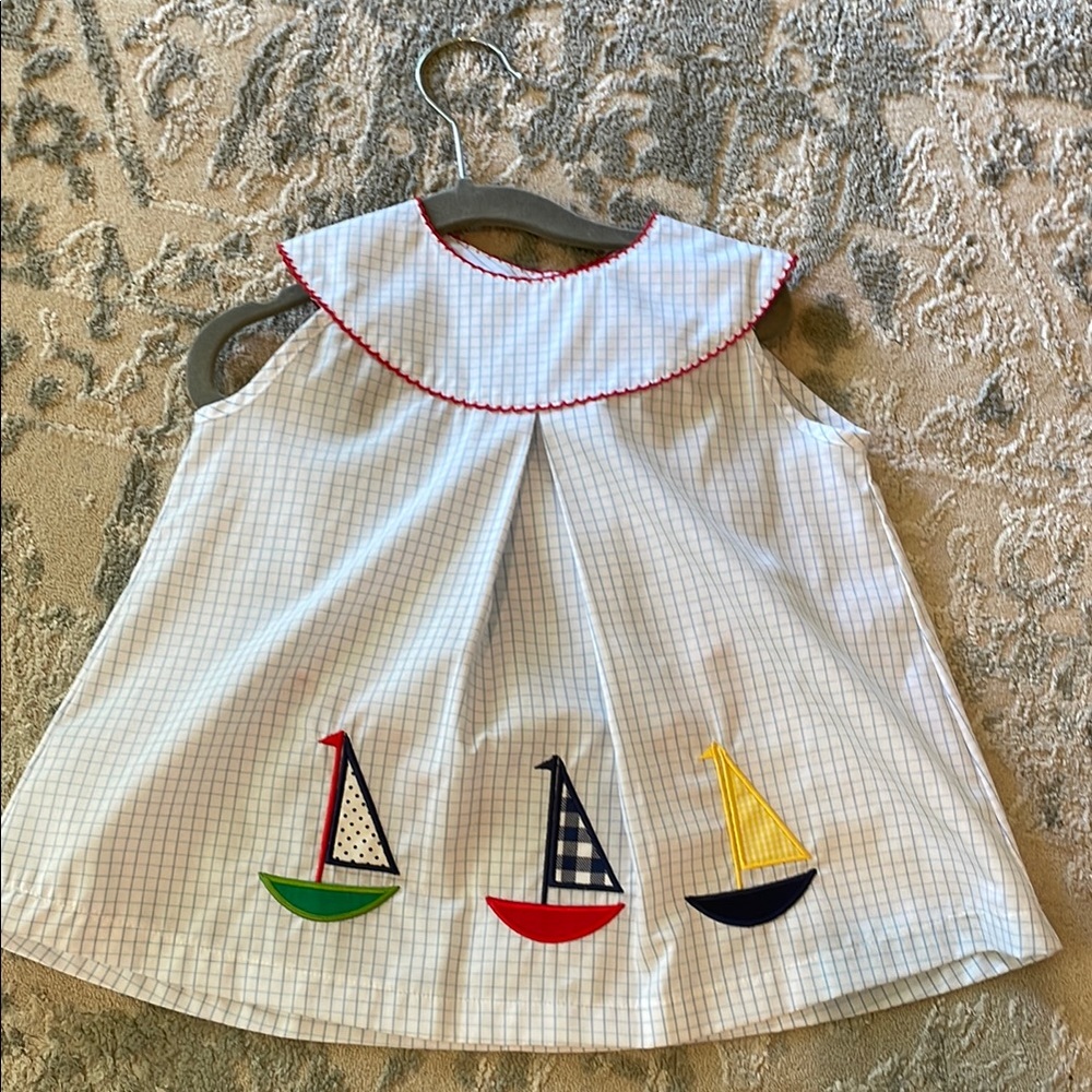Sailboat Design Kids Dress - White with Multicolor Accents